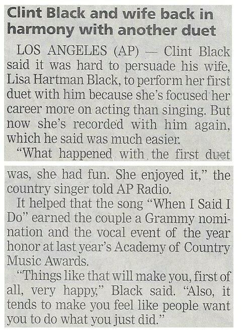 Black, Clint / Clint Black and Wife Back in Harmony with Another Duet / 2001