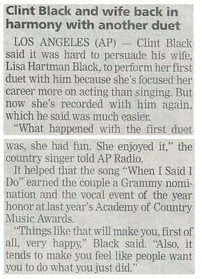 Black, Clint / Clint Black and Wife Back in Harmony with Another Duet / 2001