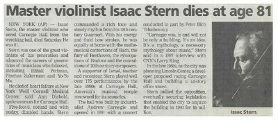 Stern, Isaac / Master Violinist Isaac Stern Dies at Age 81 | September 2001