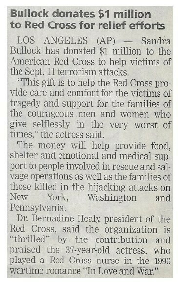 Bullock, Sandra / Bullock Donates $1 Million to Red Cross for Relief Efforts / 2001