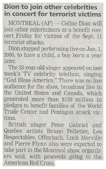 Dion, Celine / Dion to Join Other Celebrities in Concert for Terrorist Victims | Newspaper Article | October 2001