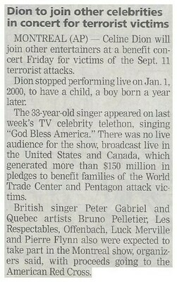 Dion, Celine / Dion to Join Other Celebrities in Concert for Terrorist Victims | Newspaper Article | October 2001