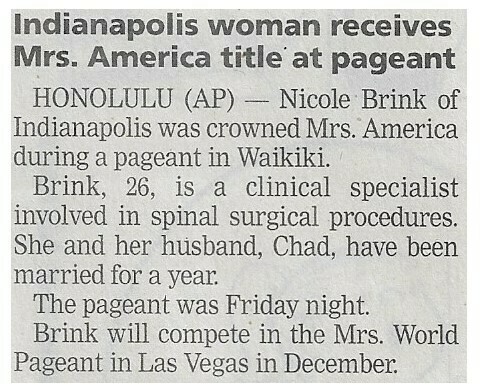 Brink, Nicole / Indianapolis Woman Receives Mrs. America Title at Pageant / 2001