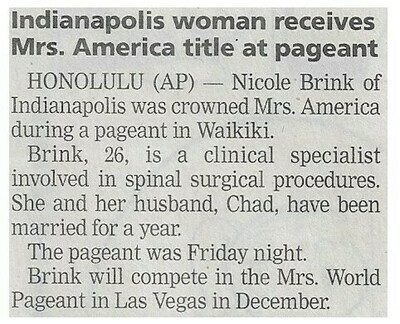 Brink, Nicole / Indianapolis Woman Receives Mrs. America Title at Pageant / 2001