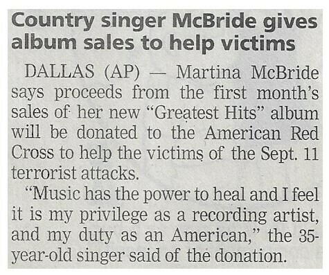McBride, Martina / Country Singer McBride Gives Album Sales to Help Victims / 2001