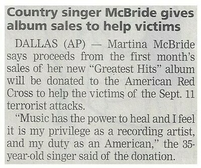 McBride, Martina / Country Singer McBride Gives Album Sales to Help Victims / 2001