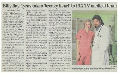 Cyrus, Billy Ray / Takes &#39;Breaky Heart&#39; to PAX TV Medical Team | Newspaper Article | June 2001 | with Andrea Robinson