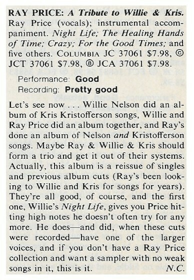 Price, Ray / A Tribute to Willie + Kris | Magazine Review | July 1981