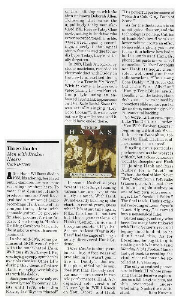 Williams, Hank (Jr.) / Three Hanks - Men With Broken Hearts | Magazine Review | January 1997 | with Hank Williams Sr. + Hank Williams III