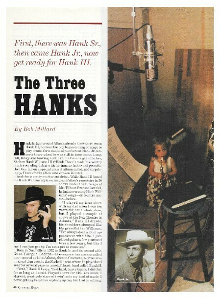 Williams, Hank (Jr.) / The Three Hanks | Magazine Article | January 1997 | with Hank Williams + Hank Williams III