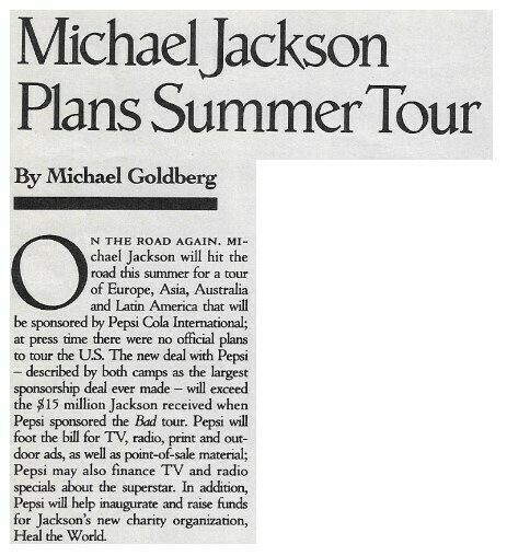 Jackson, Michael / Michael Jackson Plans Summer Tour | March 1992