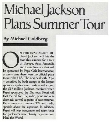 Jackson, Michael / Michael Jackson Plans Summer Tour | Magazine Article | March 1992