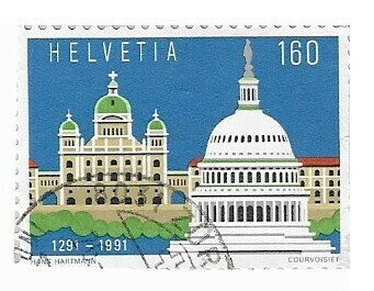 Switzerland / 1991 | Federal Parliament Building, Bern and Capitol, Washington, USA (160 ct) | Postage Stamp