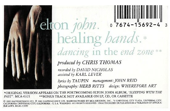 John Elton Healing Hands Mca Mcac 53692 Cassette Single July 1989 your songs collectibles