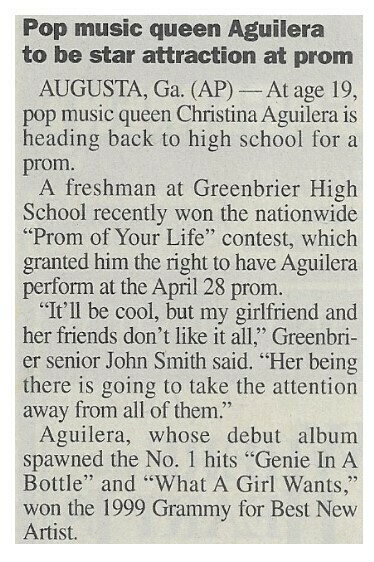 Aguilera, Christina / Pop Music Queen Aguilera to be Star Attraction at Prom | Newspaper Article | April 2000