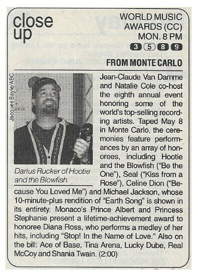 Hootie + The Blowfish / World Music Awards - Close Up | Magazine Article with Photo | June 1996