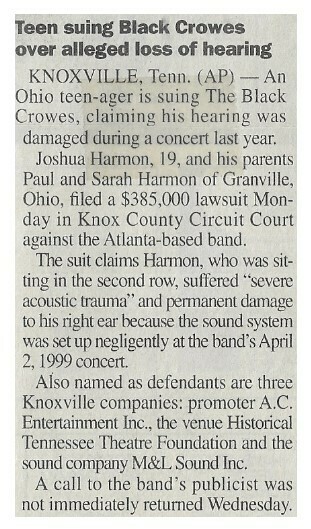 Black Crowes, The / Teen Suing Black Crowes Over Alleged Loss of Hearing | Newspaper Article | April 2000