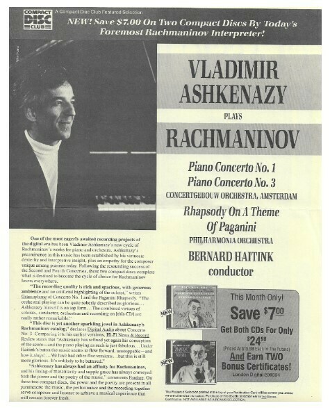 Ashkenazy, Vladimir / Plays Rachmaninov  | Magazine Ad | 1988