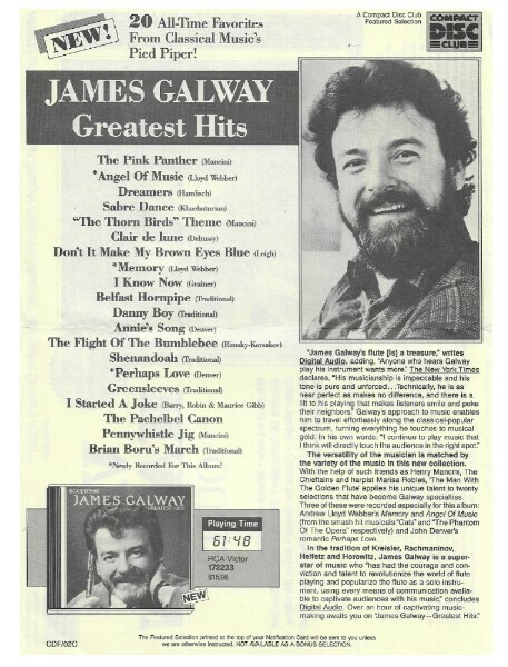 Galway, James / Greatest Hits | Compact Disc Club | Magazine Ad | 1988