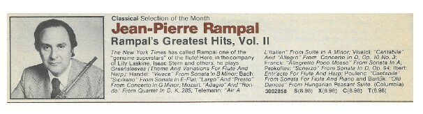 Rampal, Jean-Pierre / Rampal&#39;s Greatest Hits, Vol. II | Columbia Record + Tape Club | Magazine Ad | April 1980