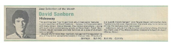 Sanborn, David / Hideaway | Magazine Ad | September 1980