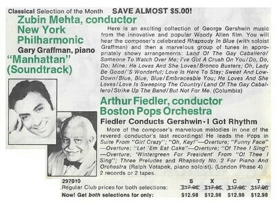 Mehta, Zubin / Manhattan Soundtrack | Columbia Record + Tape Club | Magazine Ad | November 1979 | with Arthur Fiedler