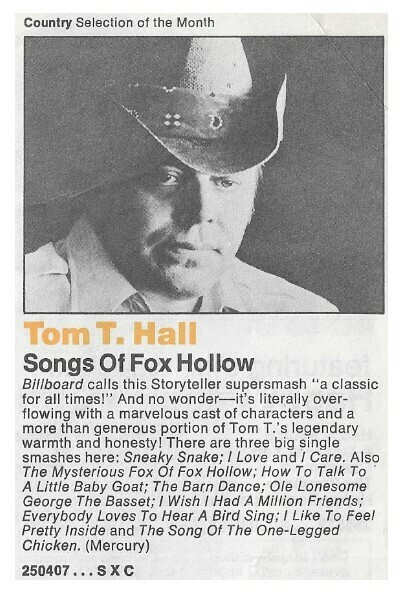 Hall, Tom T. / Songs of Fox Hollow | Columbia Record + Tape Club | Magazine Ad | June 1975