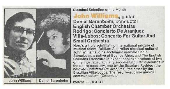 Williams, John (Guitar) / Rodrigo: Concierto De Aranjuez | Columbia Record + Tape Club | Magazine Ad | June 1975 | with Daniel Barenboim
