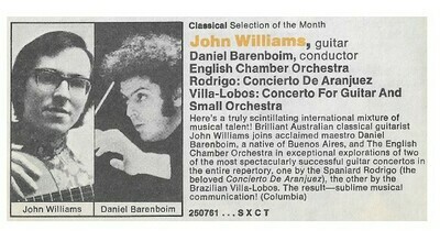 Williams, John (Guitar) / Rodrigo: Concierto De Aranjuez | Columbia Record + Tape Club | Magazine Ad | June 1975 | with Daniel Barenboim