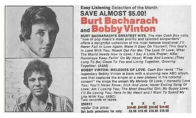 Bacharach, Burt / Greatest Hits | Columbia Record + Tape Club | Magazine Ad | April 1975 | with Bobby Vinton