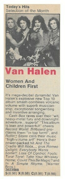 Van Halen / Women and Children First | Columbia Record + Tape Club | Magazine Ad | October 1980