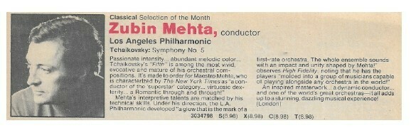 Mehta, Zubin / Tchaikovsky: Symphony No. 5 | Columbia Record + Tape Club | Magazine Ad | October 1980
