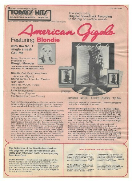 Blondie / American Gigolo (Soundtrack) | Columbia Record + Tape Club | Magazine Ad | August 1980