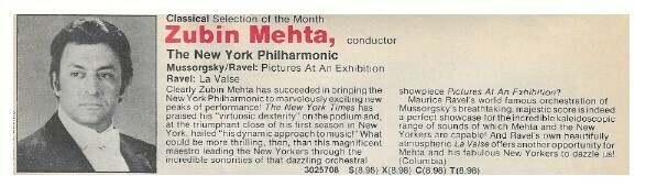 Mehta, Zubin / Mussorgsky/Ravel: Pictures at An Exhibition | Columbia Record + Tape Club | Magazine Ad | August 1980