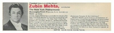 Mehta, Zubin / Mussorgsky/Ravel: Pictures at An Exhibition | Columbia Record + Tape Club | Magazine Ad | August 1980