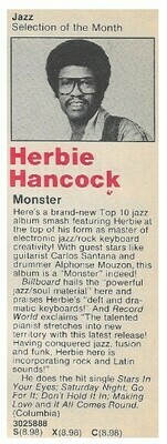 Hancock, Herbie / Monster | Columbia Record + Tape Club | Magazine Ad | August 1980