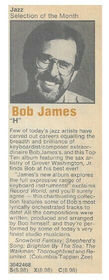 James, Bob / &quot;H&quot; | Columbia Record + Tape Club | Magazine Ad | November 1980