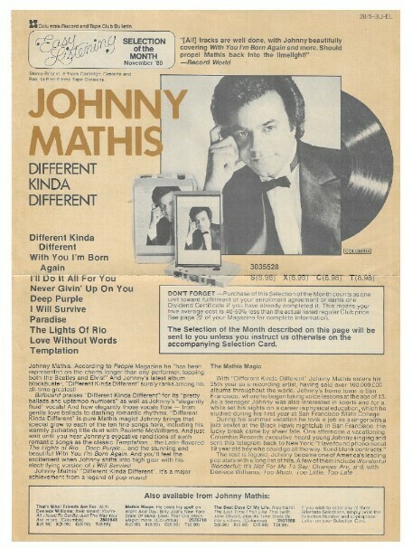 Mathis, Johnny / Different Kinda Different | Columbia Record + Tape Club | Magazine Ad | November 1980