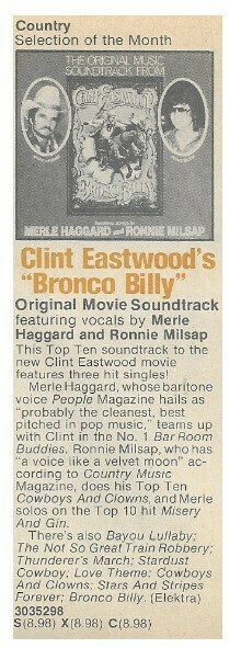 Haggard, Merle / Bronco Billy (Soundtrack) | Columbia Record + Tape Club | Magazine Ad | November 1980 | with Ronnie Milsap