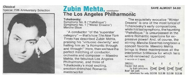 Mehta, Zubin / Tchaikovsky: Symphony No. 6 | Columbia Record + Tape Club | Magazine Ad | 1980