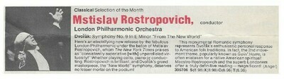 Rostropovich, Mstislav / Dvorak: Symphony No. 9 in E Minor | Columbia Record + Tape Club | Magazine Ad | January 1981