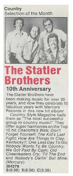 Statler Brothers, The / 10th Anniversary | Columbia Record + Tape Club | Magazine Ad | January 1981