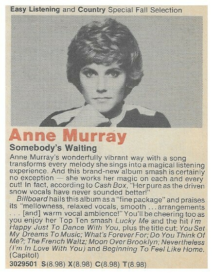Murray, Anne / Somebody&#39;s Waiting | Columbia Record + Tape Club | Magazine Ad | Fall 1980