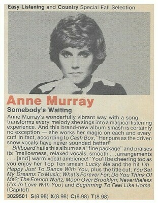 Murray, Anne / Somebody&#39;s Waiting | Columbia Record + Tape Club | Magazine Ad | Fall 1980