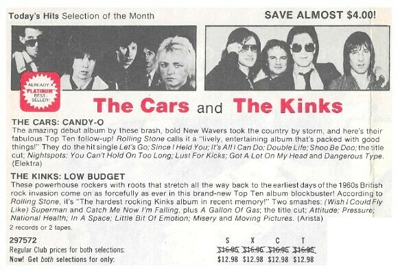 Cars, The / Candy-O | Columbia Record + Tape Club | Magazine Ad | December 1979 | with The Kinks