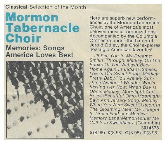 Mormon Tabernacle Choir / Memories: Songs America Loves Best | Magazine Ad | June 1980
