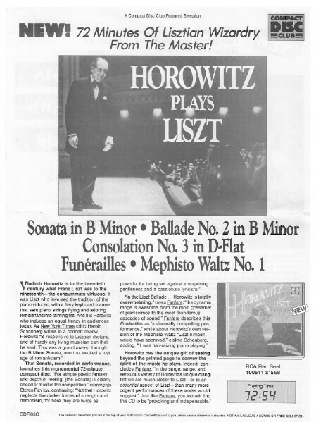 Horowitz, Vladimir / Horowitz Plays Liszt | Magazine Ad | 1988