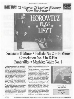 Horowitz, Vladimir / Horowitz Plays Liszt | Magazine Ad | 1988