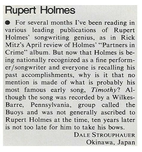 Holmes, Rupert / Wrote Song Timothy | Magazine Article | August 1980