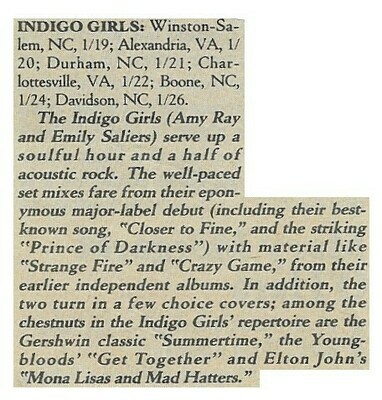 Indigo Girls / Tour Dates and Story | Magazine Article | 1990